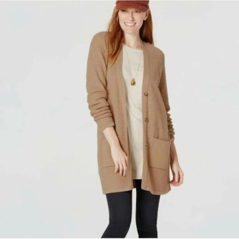 J Jill Camel Button Front Long Line Cardigan Large Petite
